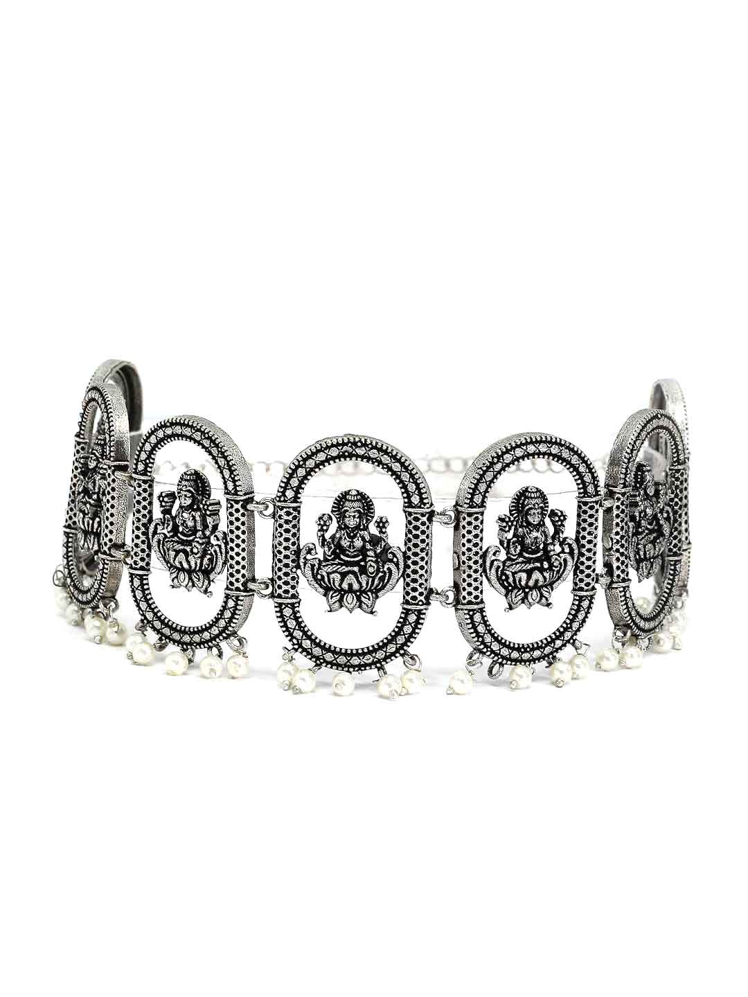 Silver-Toned Oxidized Antique Temple Choker Necklace with Earrings