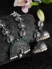 Silver-Toned Green Stone-Studded Peacock Shaped Oxidized Jewellery Set