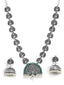 Silver-Toned Green Stone-Studded Peacock Shaped Oxidized Jewellery Set