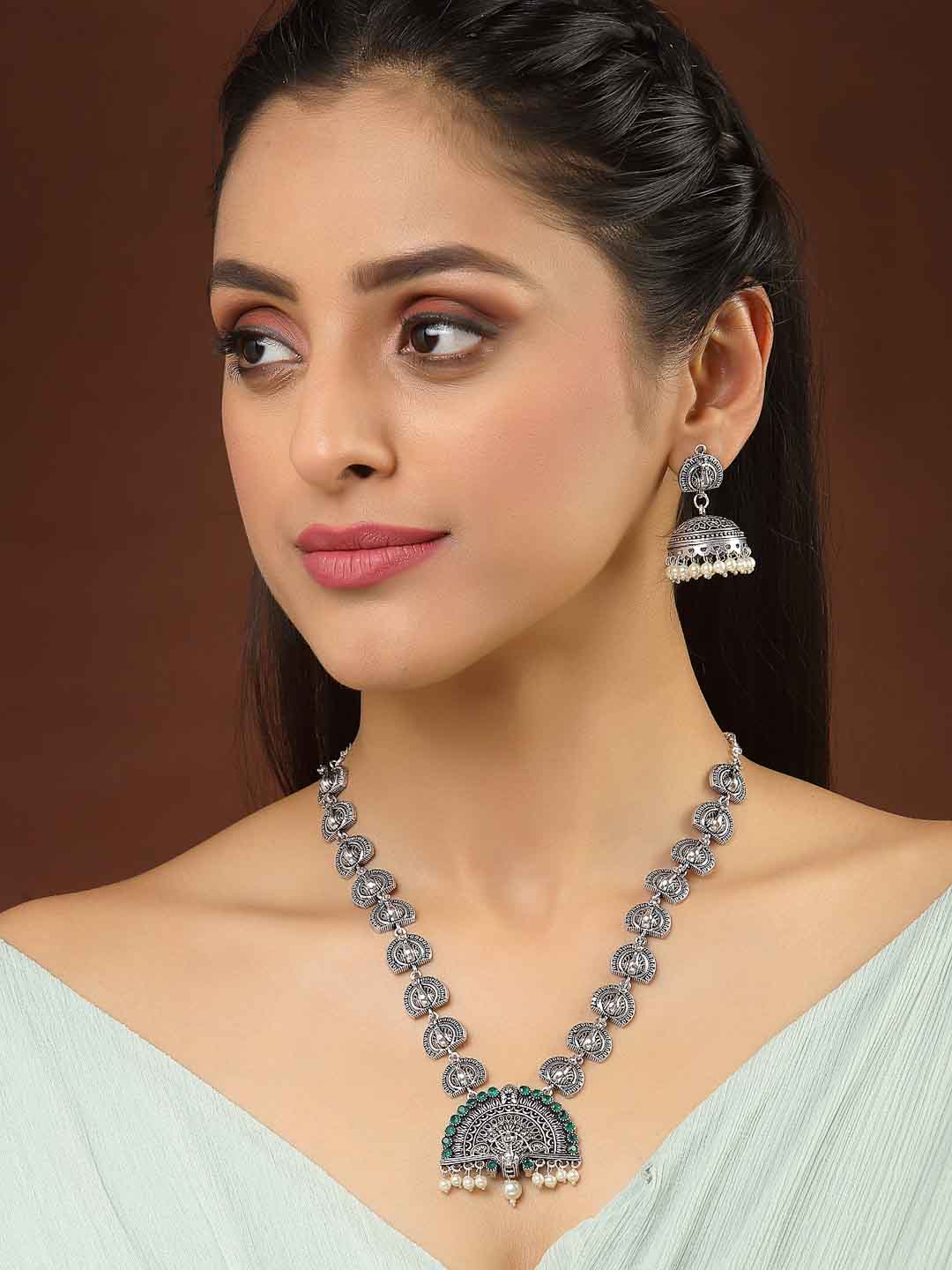 Silver-Toned Green Stone-Studded Peacock Shaped Oxidized Jewellery Set