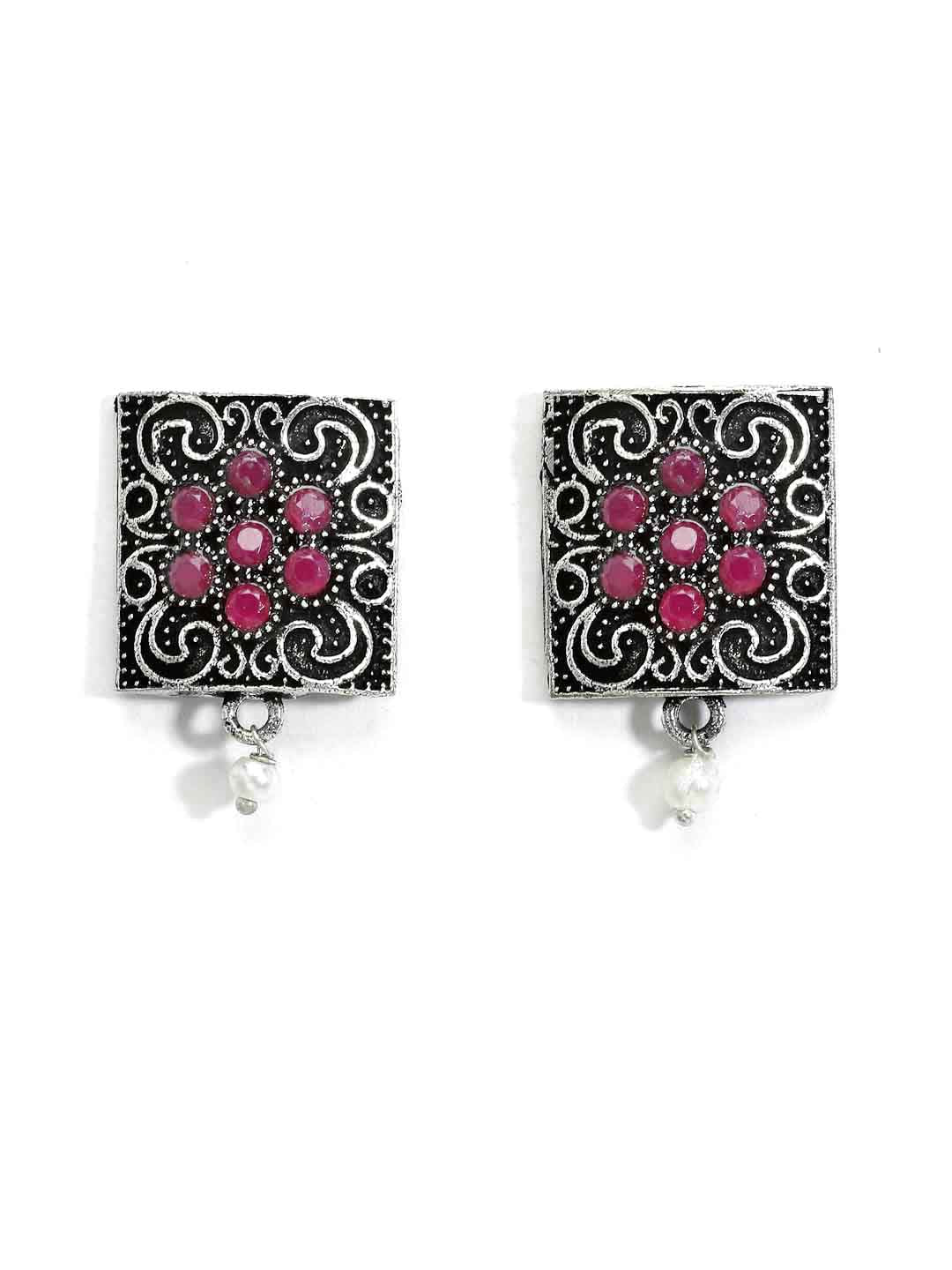 Silver-Toned Pink Stone-Studded Oxidized Jewellery Set