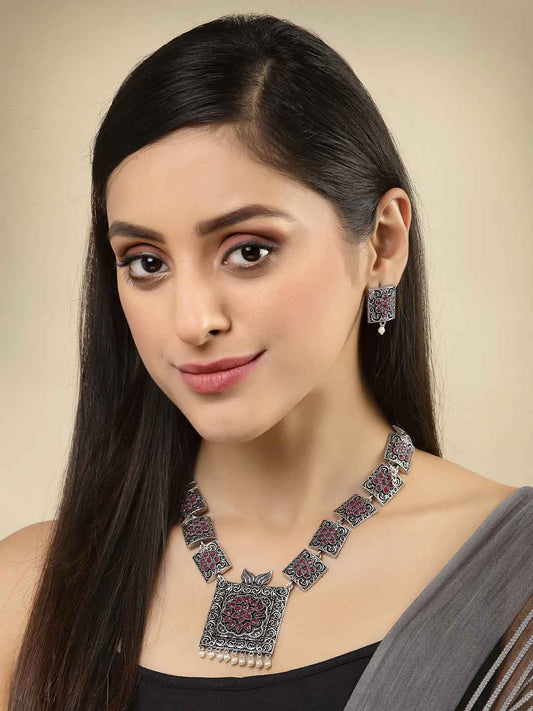 Silver-Toned Pink Stone-Studded Oxidized Jewellery Set