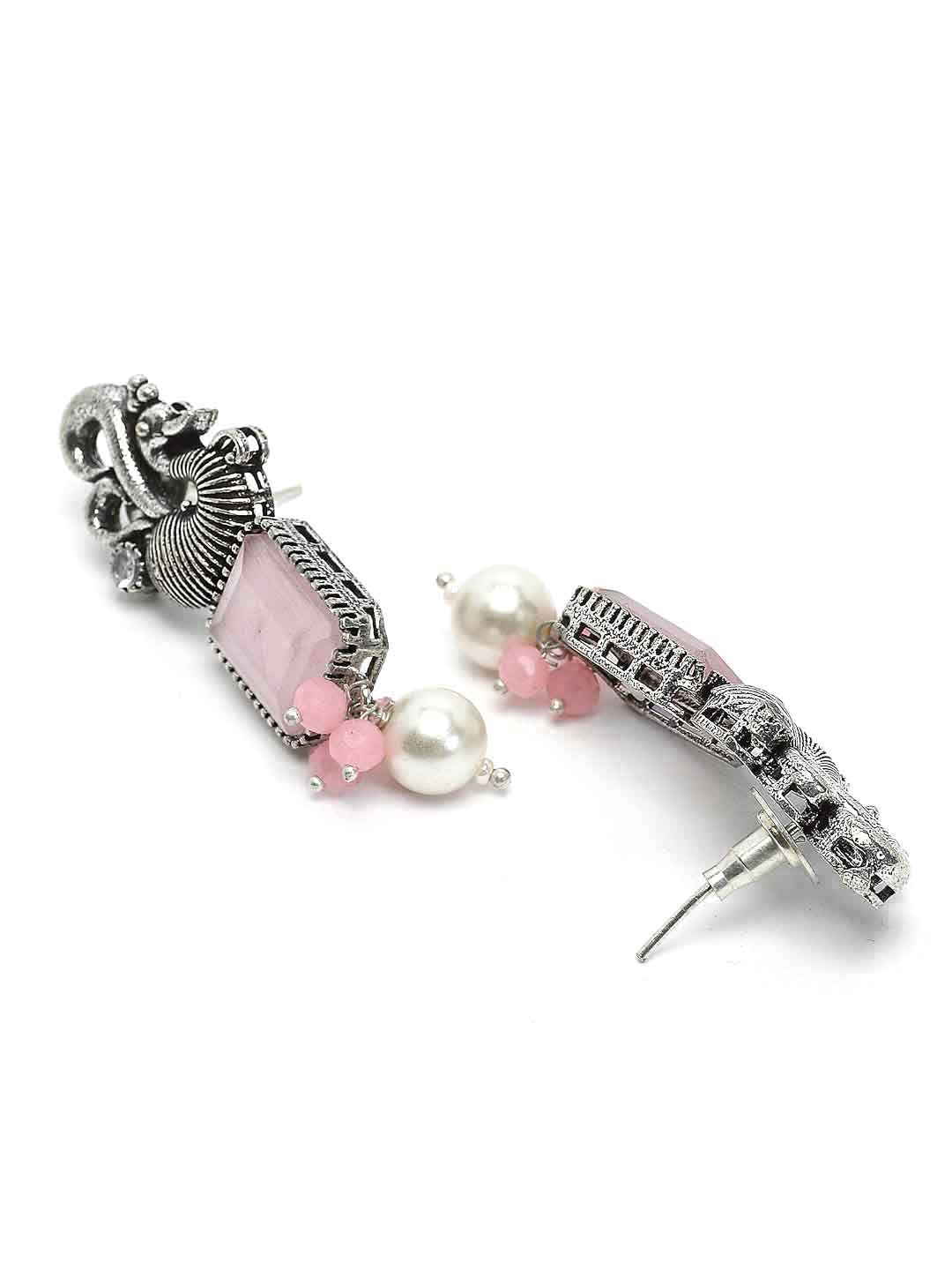 Oxidized Silver-Toned Pink Peacock Shaped Pearl Choker Necklace with Earrings