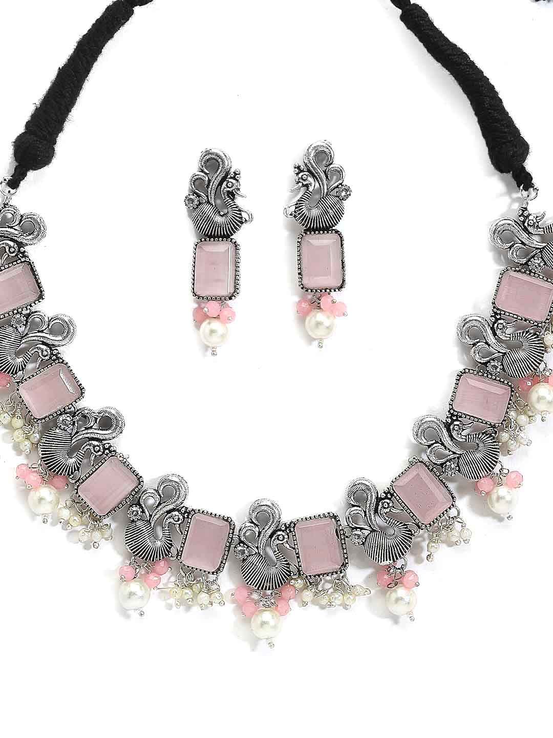 Oxidized Silver-Toned Pink Peacock Shaped Pearl Choker Necklace with Earrings