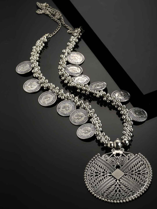 Silver-Toned Oxidized Coin Necklace