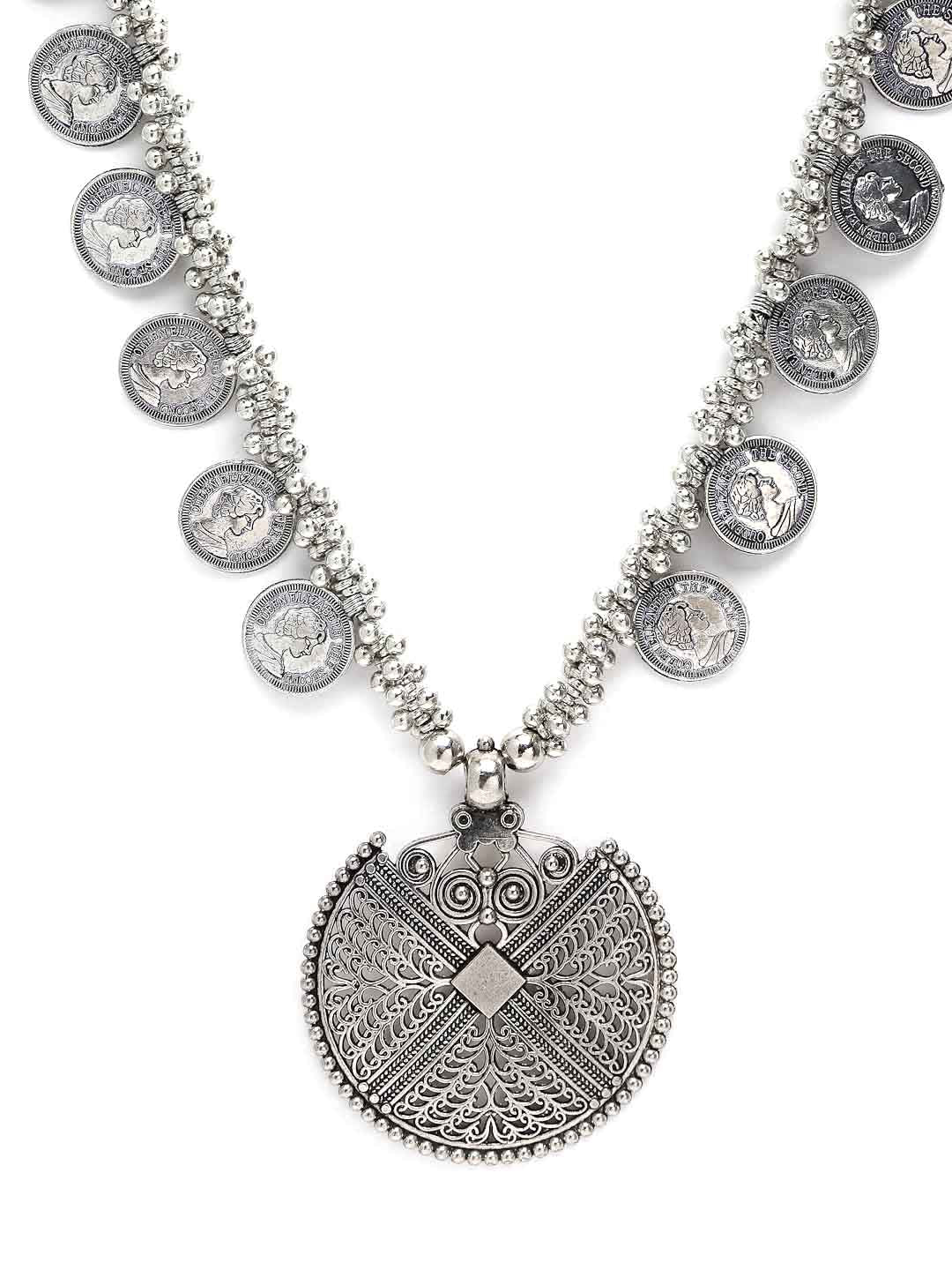 Silver-Toned Oxidized Coin Necklace