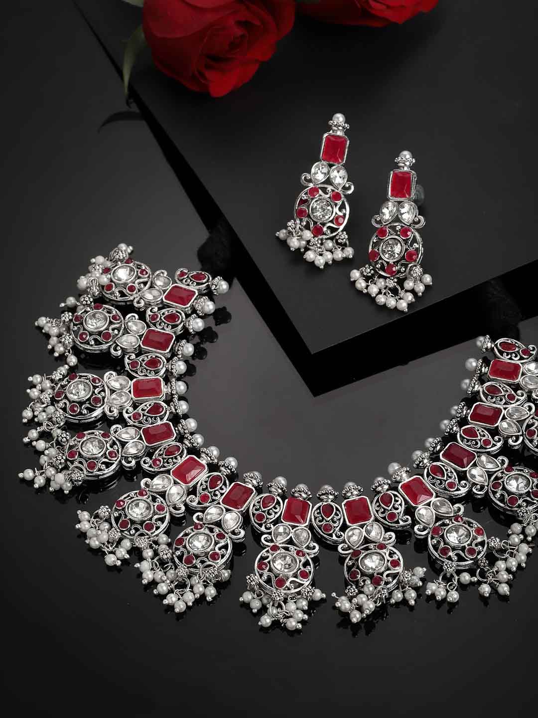 Oxidised Silver-Plated Red & White American Diamond Studded Jewellery Set