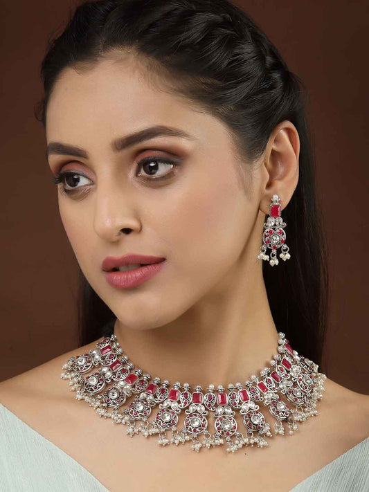 Oxidised Silver-Plated Red & White American Diamond Studded Jewellery Set