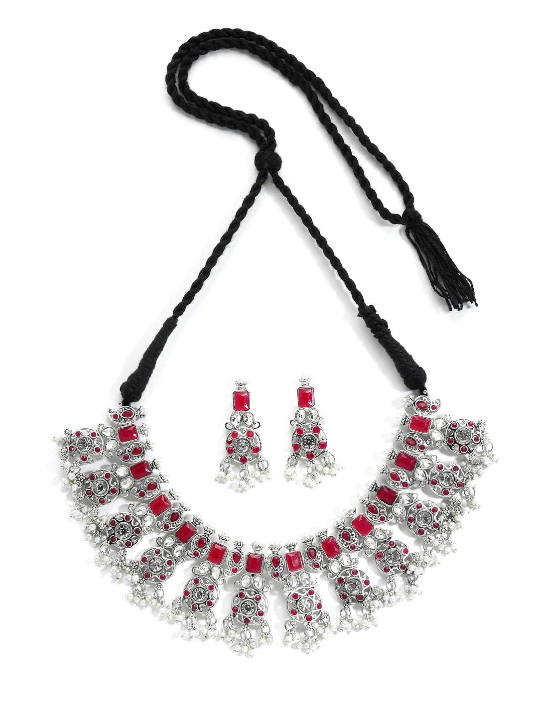 Oxidised Silver-Plated Red & White American Diamond Studded Jewellery Set