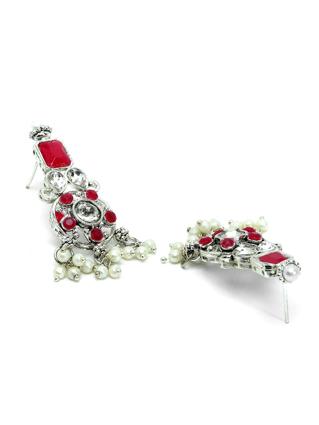 Oxidised Silver-Plated Red & White American Diamond Studded Jewellery Set