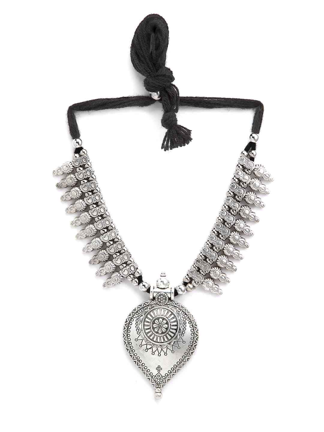 Silver-Toned & Black German Silver Oxidised Necklace