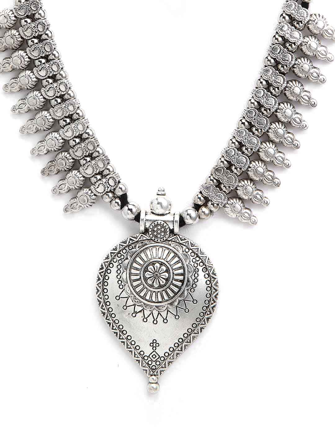 Silver-Toned & Black German Silver Oxidised Necklace