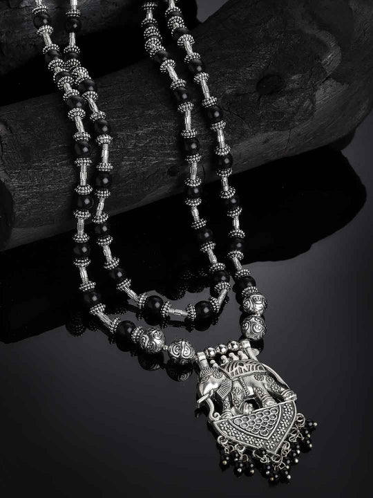Women Silver & Black-Toned Oxidized Elephant Shaped Necklace
