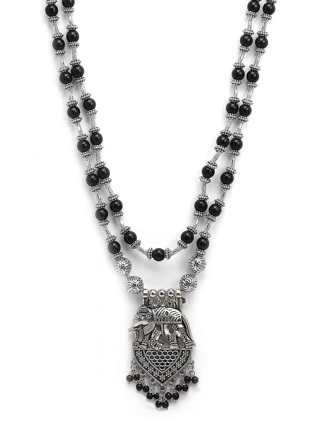 Women Silver & Black-Toned Oxidized Elephant Shaped Necklace