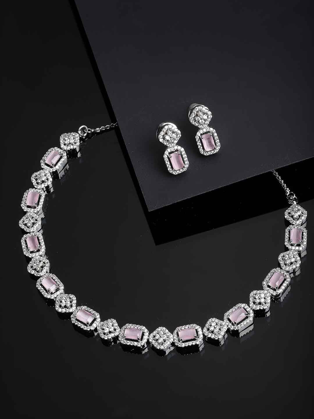 Women Rhodium-Plated Silver-Toned & Pink AD Studded Jewellery Set