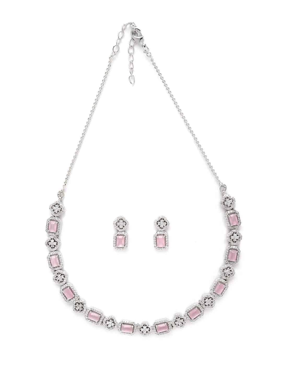 Women Rhodium-Plated Silver-Toned & Pink AD Studded Jewellery Set