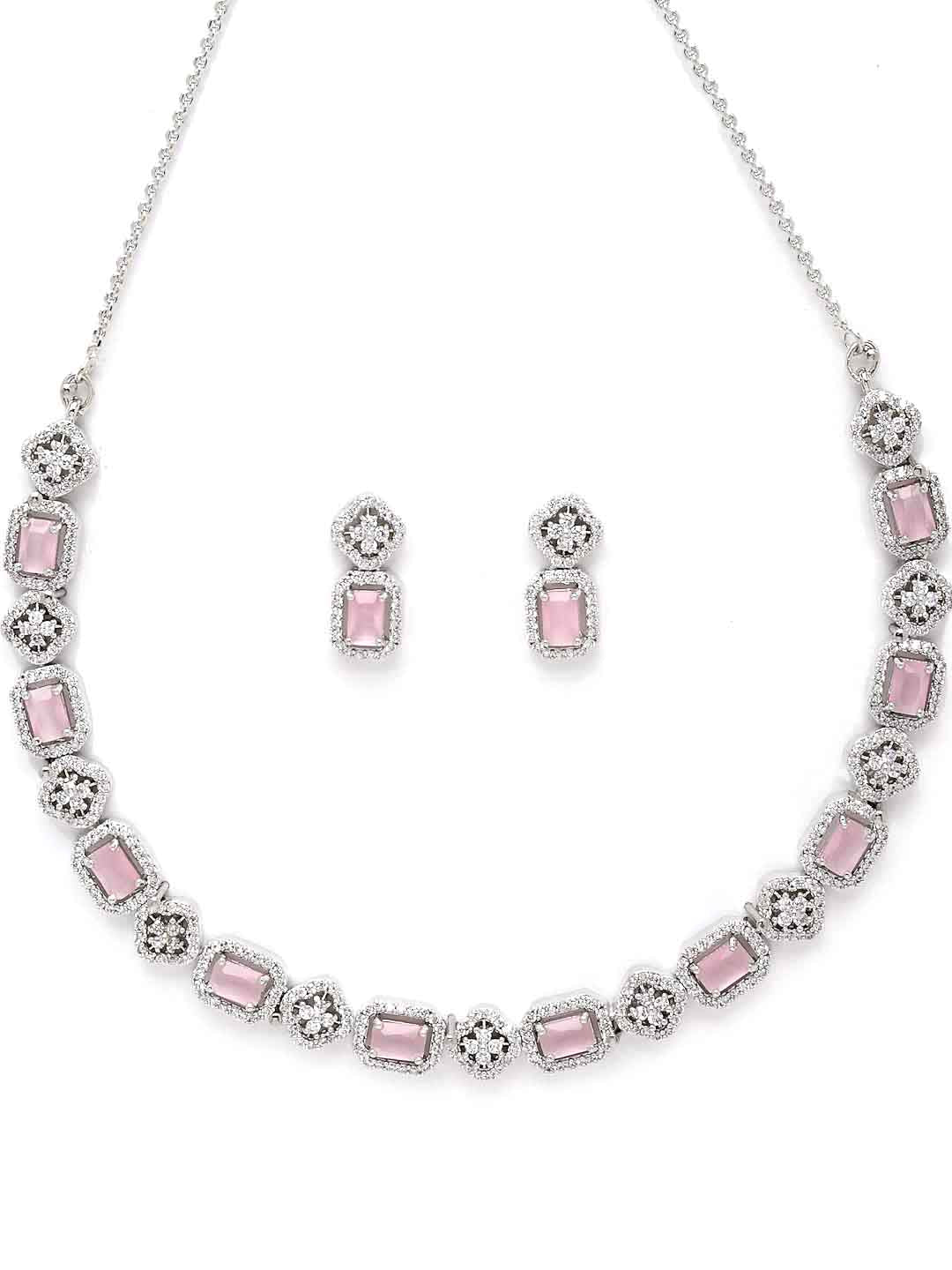 Women Rhodium-Plated Silver-Toned & Pink AD Studded Jewellery Set