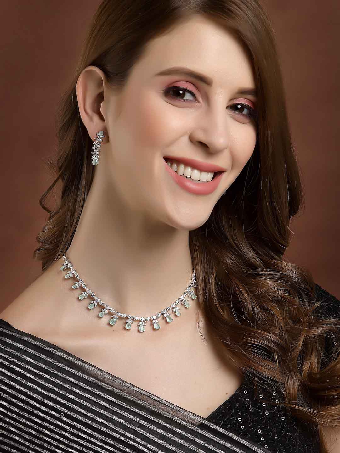 Women Rhodium-Plated AD-Studded Single Line Sleek Jewellery Set