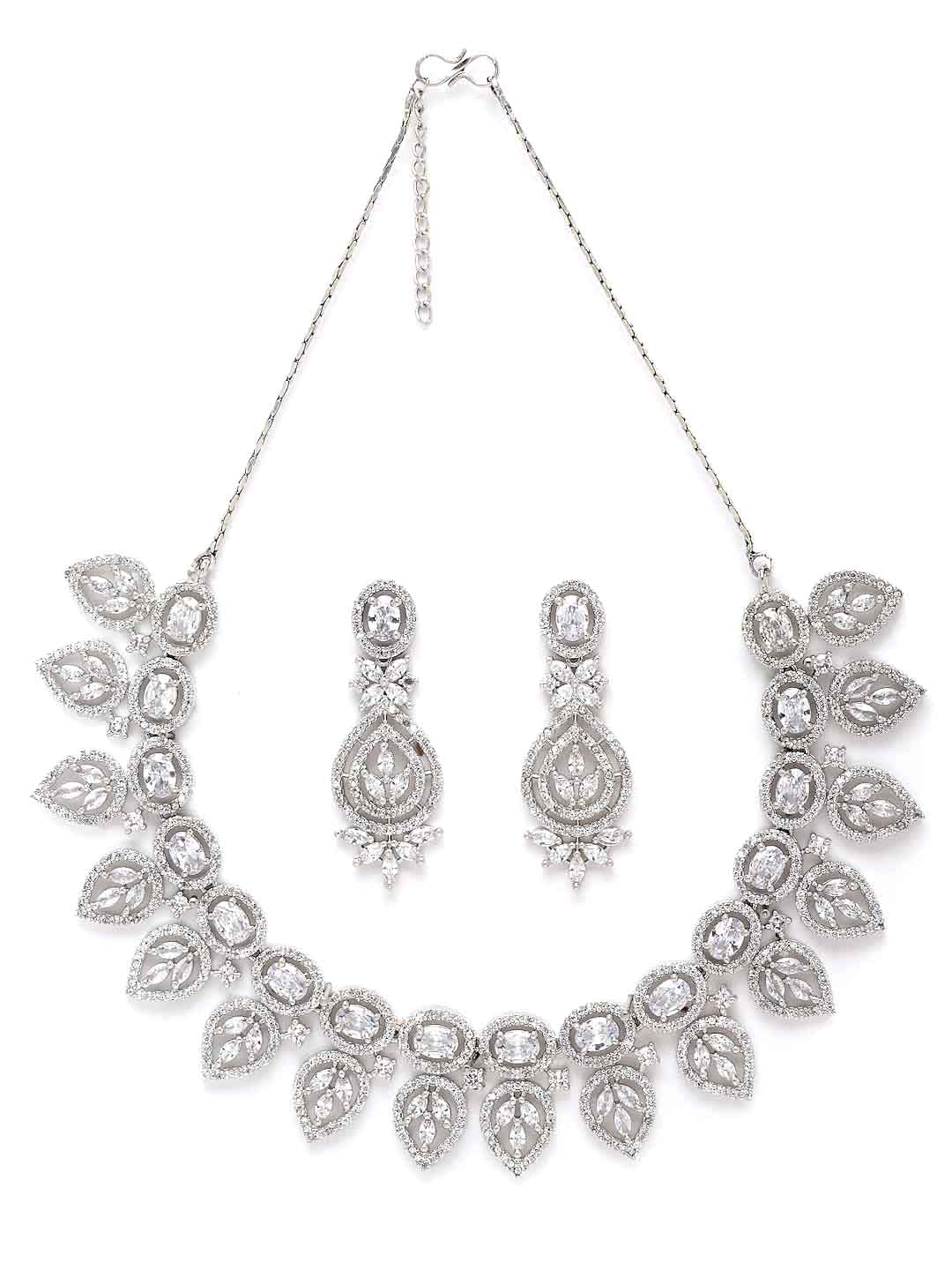 Rhodium-Plated White American Diamonds-Studded Handcrafted Jewellery Set