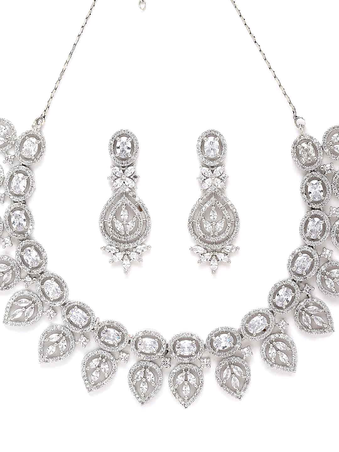 Rhodium-Plated White American Diamonds-Studded Handcrafted Jewellery Set