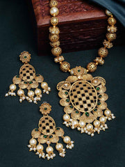 Gold-Plated Green Stone-Studded & White Pearl-Beaded Jewellery Set