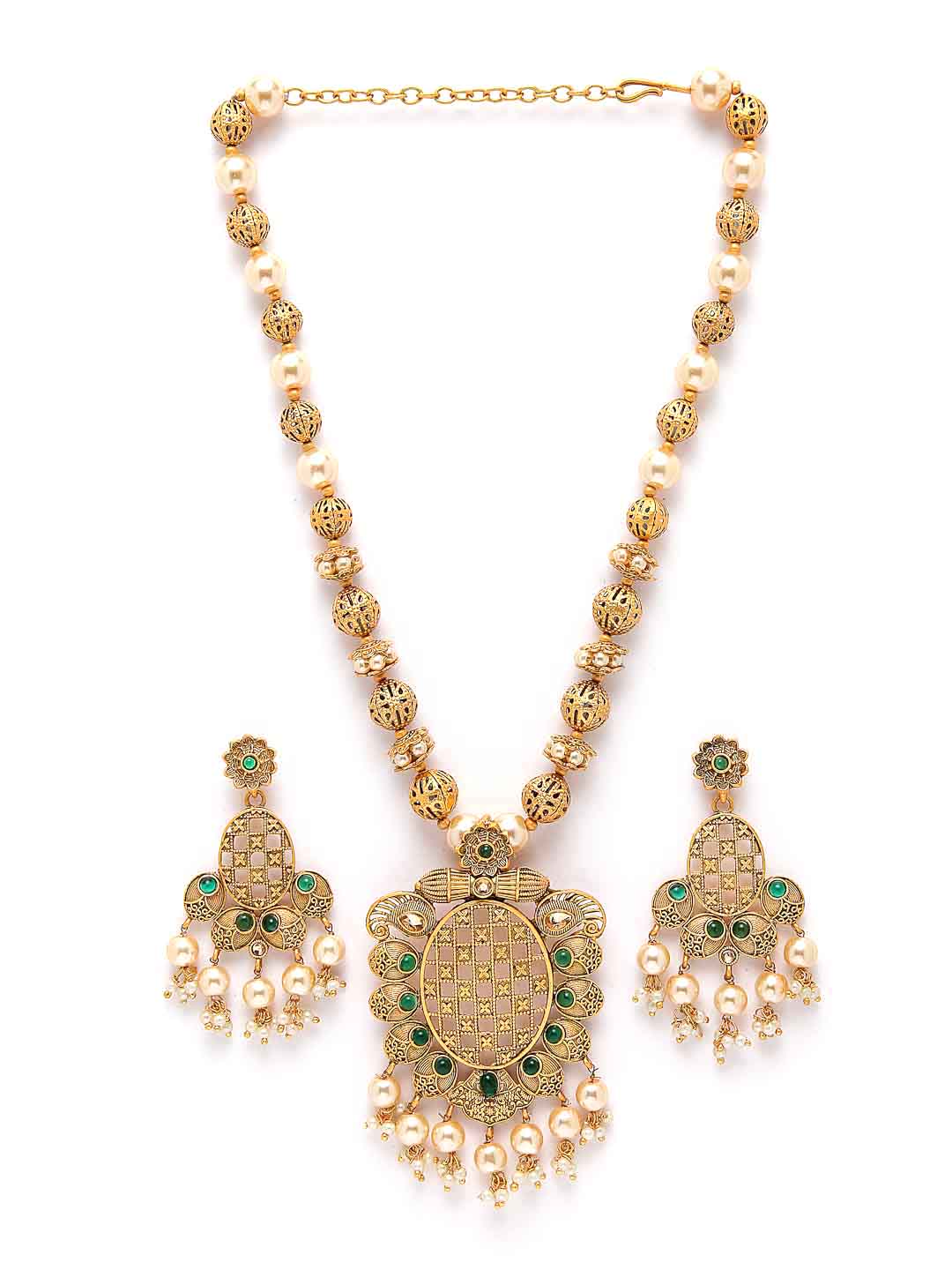 Gold-Plated Green Stone-Studded & White Pearl-Beaded Jewellery Set