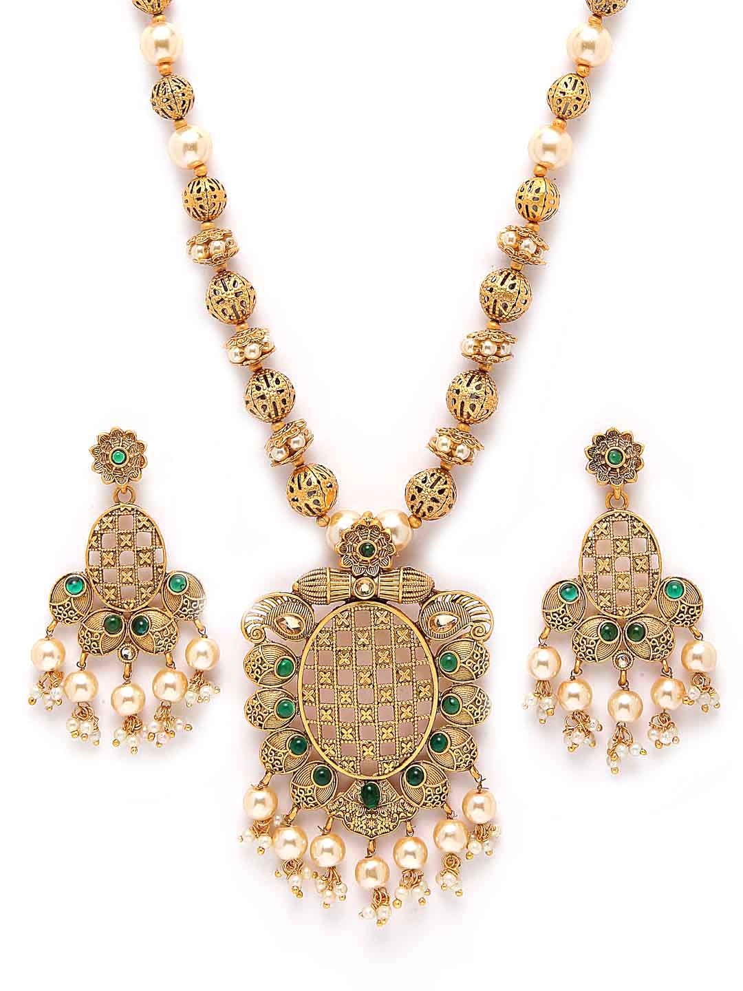 Gold-Plated Green Stone-Studded & White Pearl-Beaded Jewellery Set