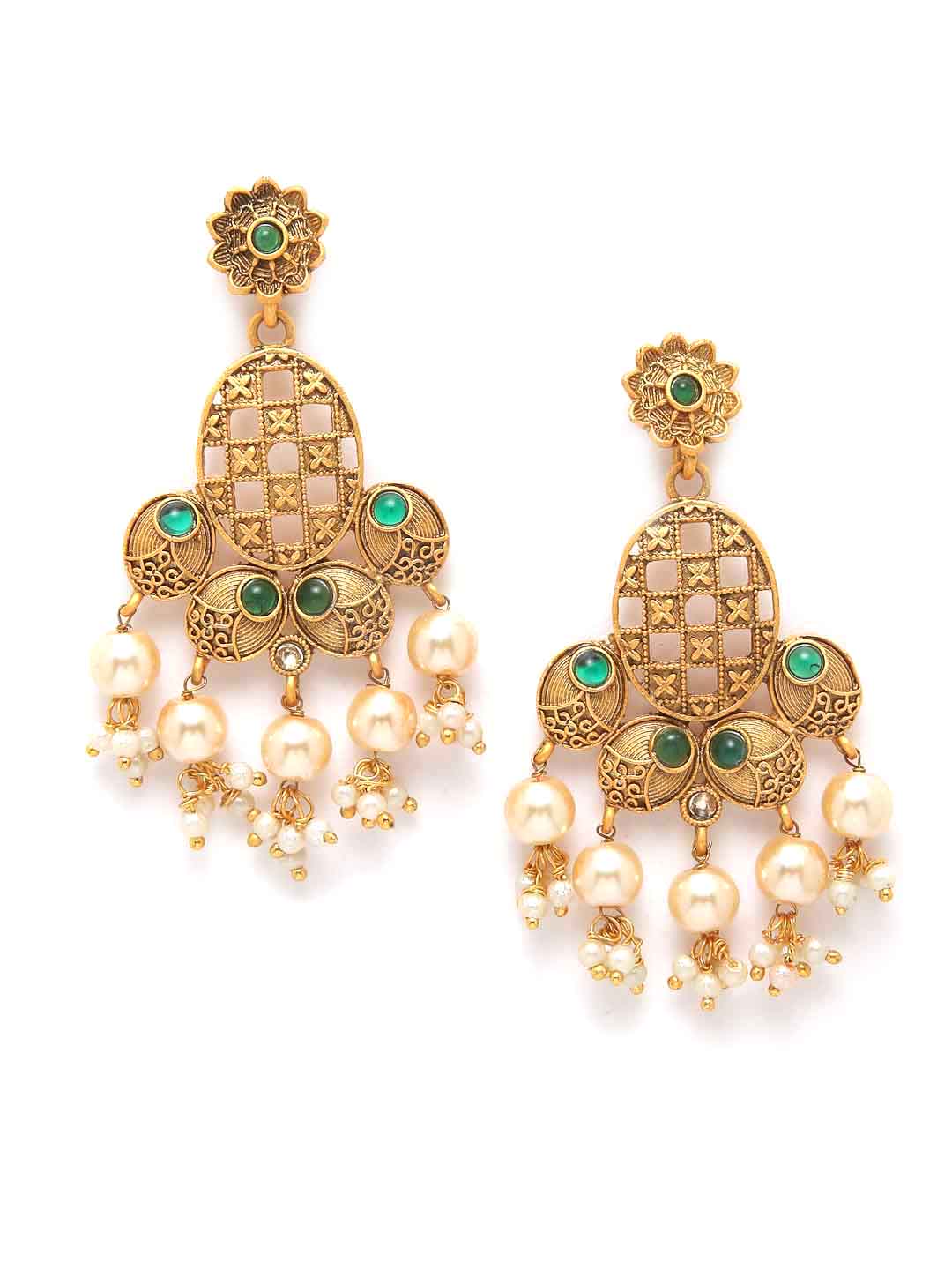 Gold-Plated Green Stone-Studded & White Pearl-Beaded Jewellery Set