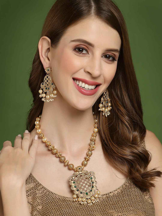 Gold-Plated Green Stone-Studded & White Pearl-Beaded Jewellery Set