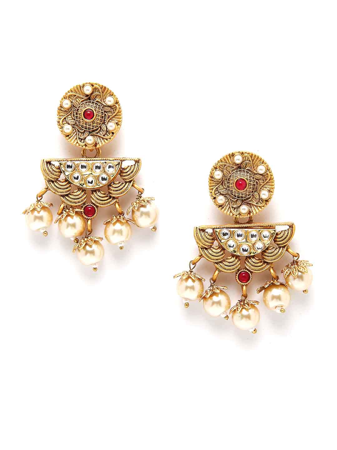 Gold-Plated Red & White Kundan-Studded & Pearl Beaded Handcrafted Jewellery Set