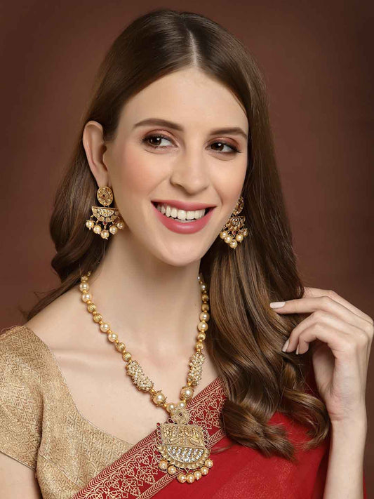 Gold-Plated Red & White Kundan-Studded & Pearl Beaded Handcrafted Jewellery Set