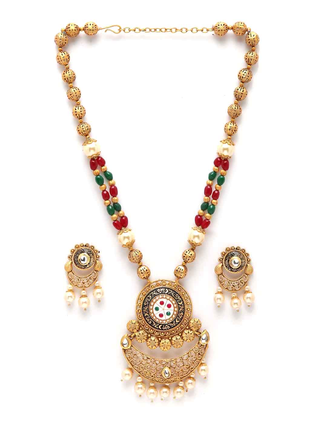 Gold-Plated White & Red Pearl Studded & Beaded Handcrafted Jewellery Set