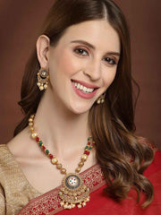 Gold-Plated White & Red Pearl Studded & Beaded Handcrafted Jewellery Set