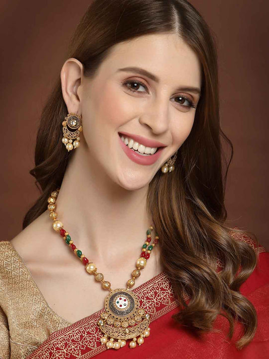 Gold-Plated White & Red Pearl Studded & Beaded Handcrafted Jewellery Set