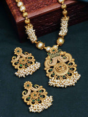 Gold- Plated Green Stone Studded & Beaded Jewellery Set