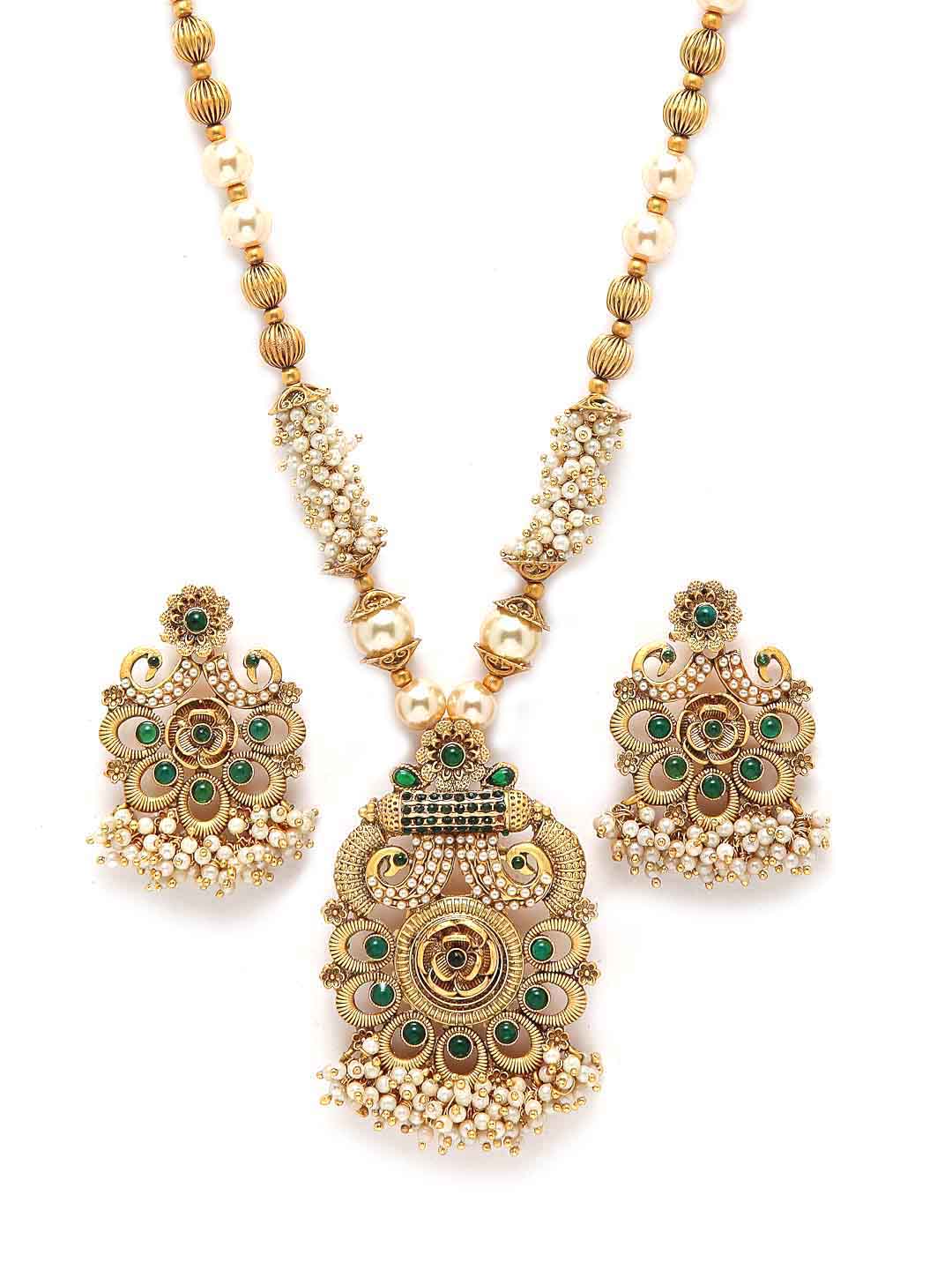 Gold- Plated Green Stone Studded & Beaded Jewellery Set