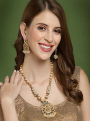 Gold- Plated Green Stone Studded & Beaded Jewellery Set