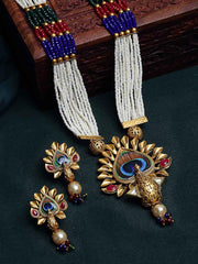 Gold-Plated White & Red Stone-Studded & Pearl Beaded Jewellery Set