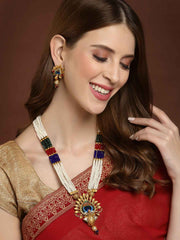 Gold-Plated White & Red Stone-Studded & Pearl Beaded Jewellery Set