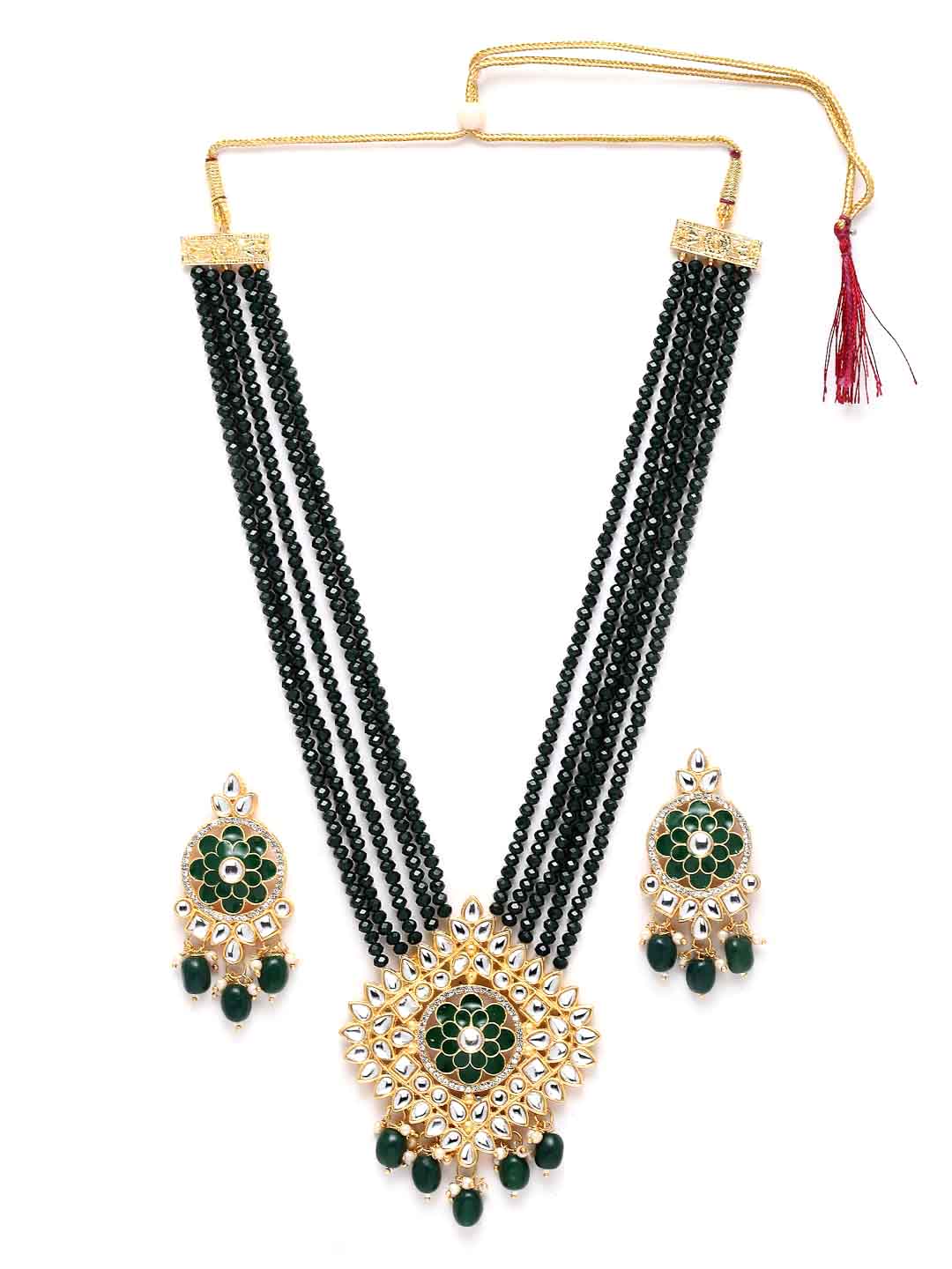 Gold-Plated Green Kundan-Studded & Pearl Beaded Jewellery Set