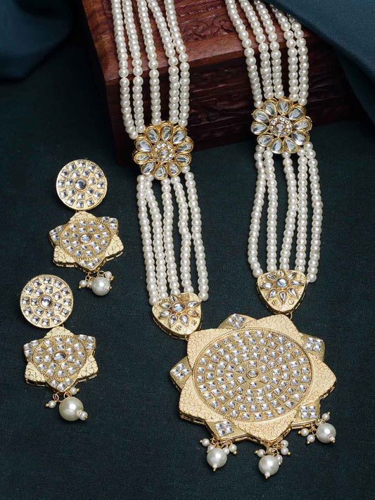 Gold-Plated White Stone-Studded & Pearl Beaded Jewellery Set