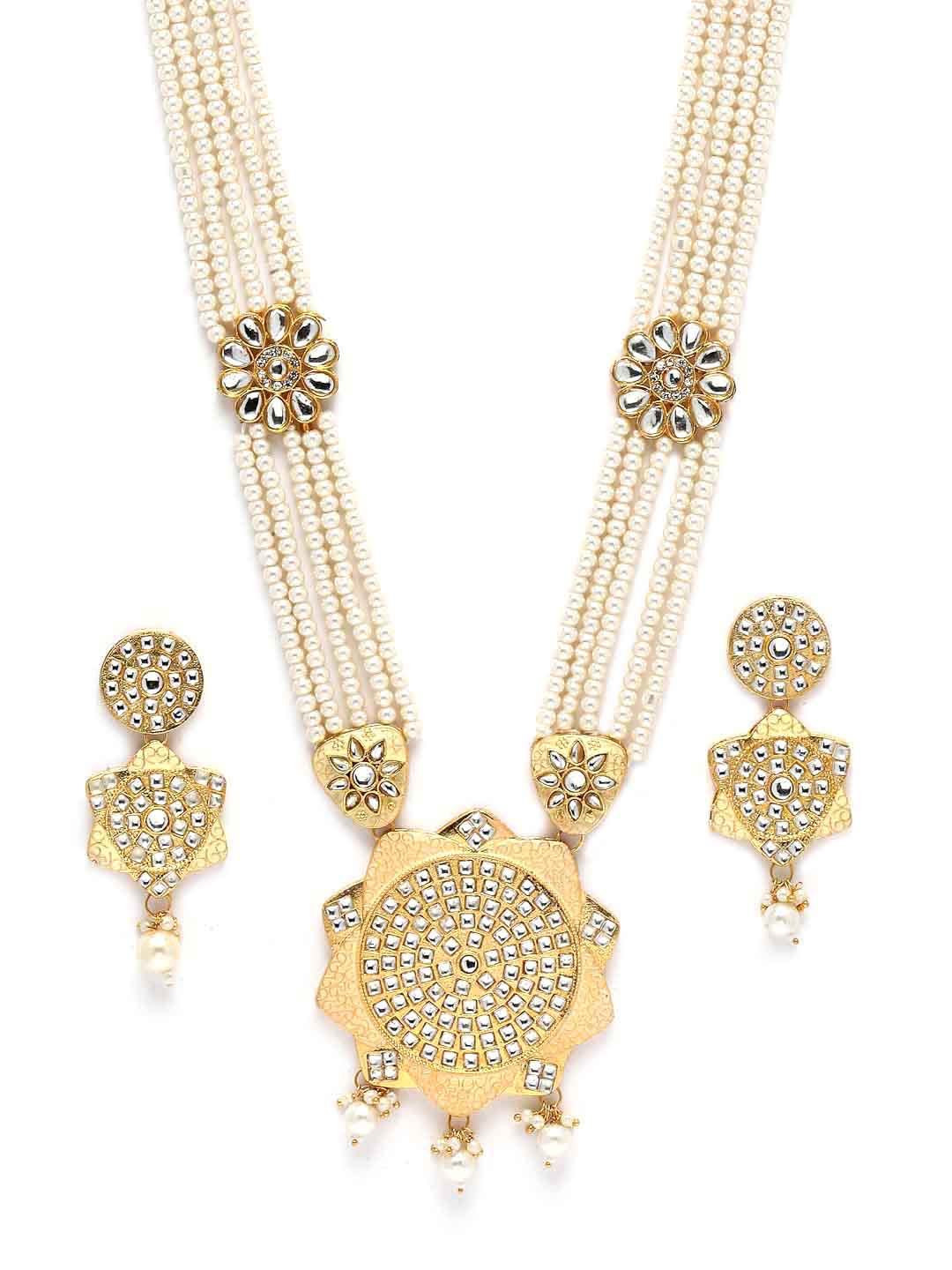 Gold-Plated White Stone-Studded & Pearl Beaded Jewellery Set