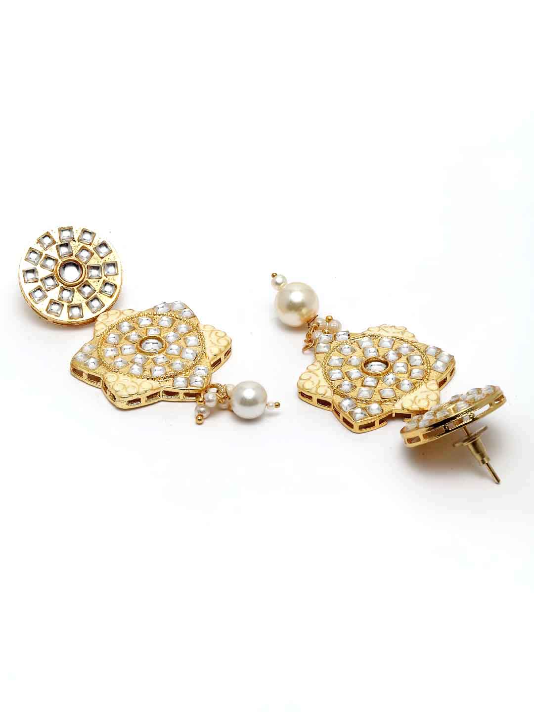 Gold-Plated White Stone-Studded & Pearl Beaded Jewellery Set