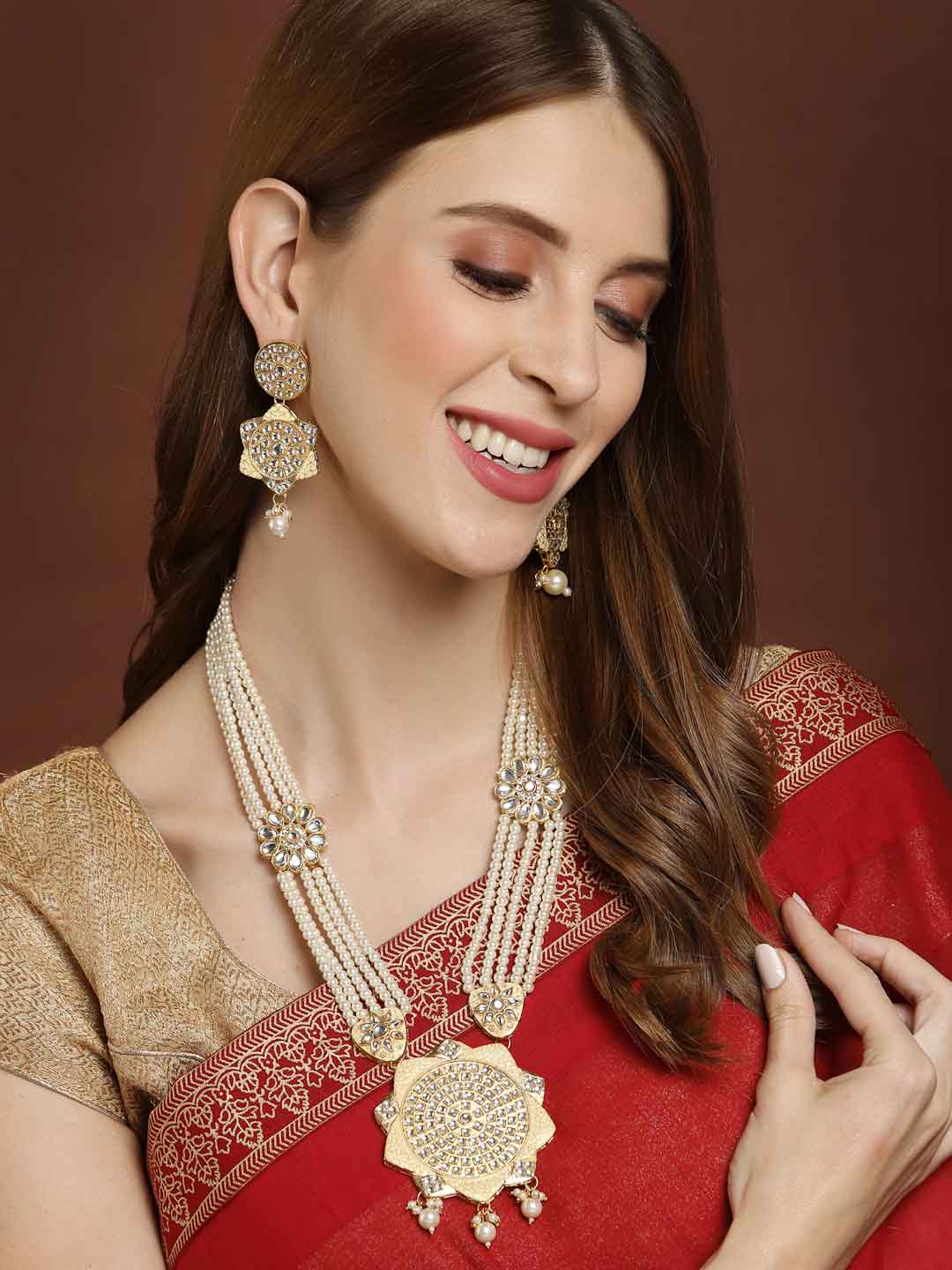 Gold-Plated White Stone-Studded & Pearl Beaded Jewellery Set