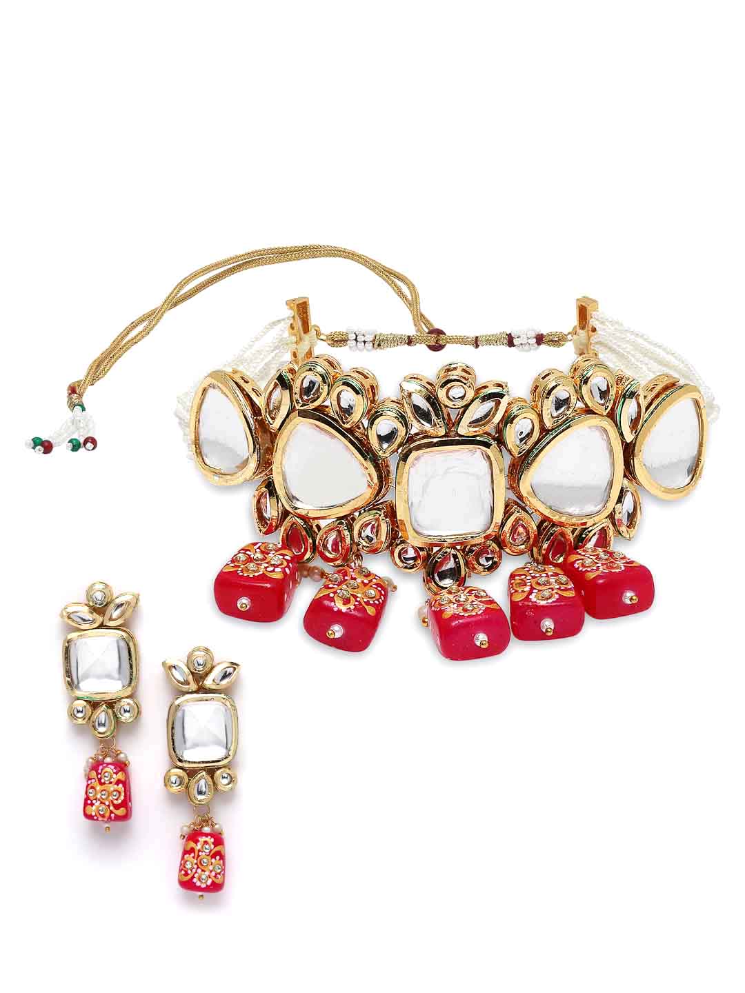 Gold-Plated White & Pink Kundan Studded & Beaded Handcrafted Jewellery Set