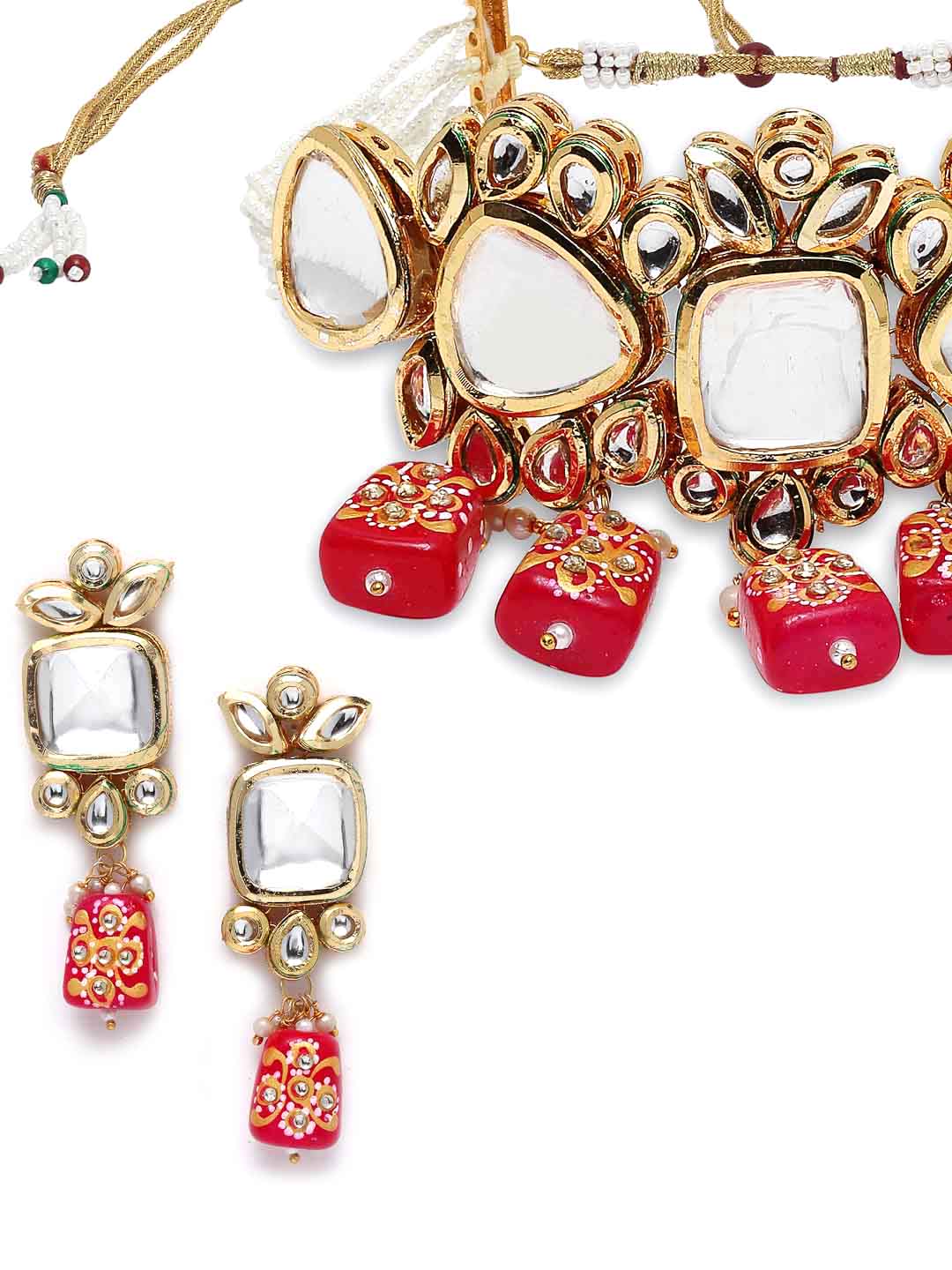 Gold-Plated White & Pink Kundan Studded & Beaded Handcrafted Jewellery Set