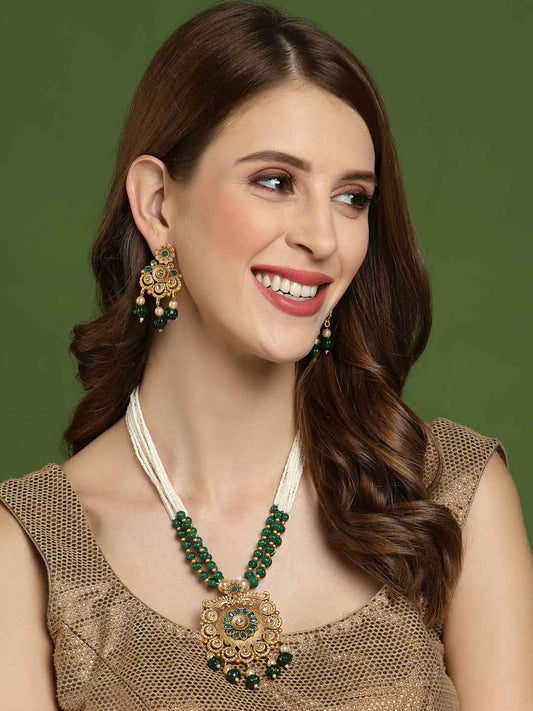 Gold-Plated Green & White Stone-Studded & Pearl-Beaded Jewellery Set