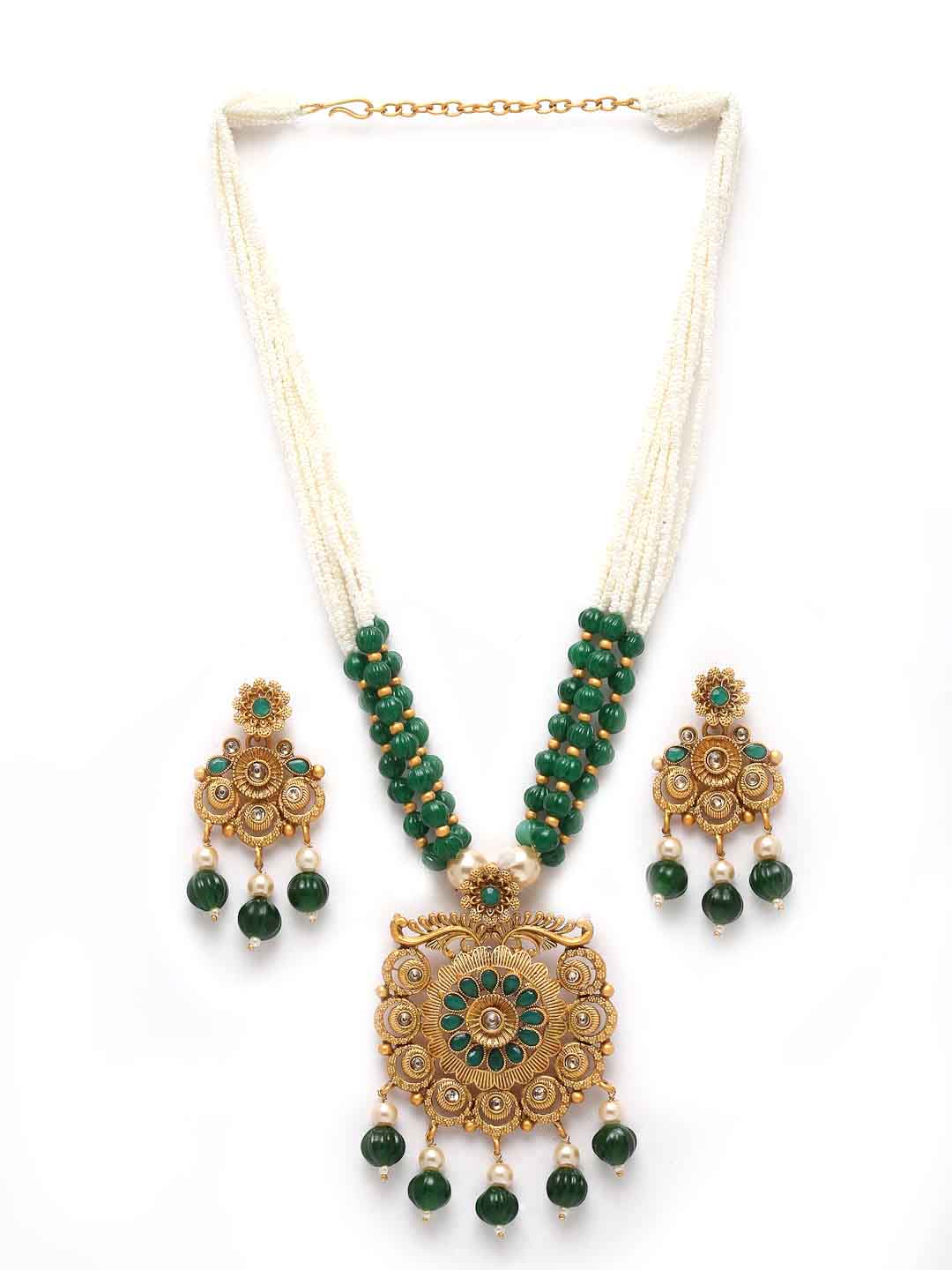 Gold-Plated Green & White Stone-Studded & Pearl-Beaded Jewellery Set