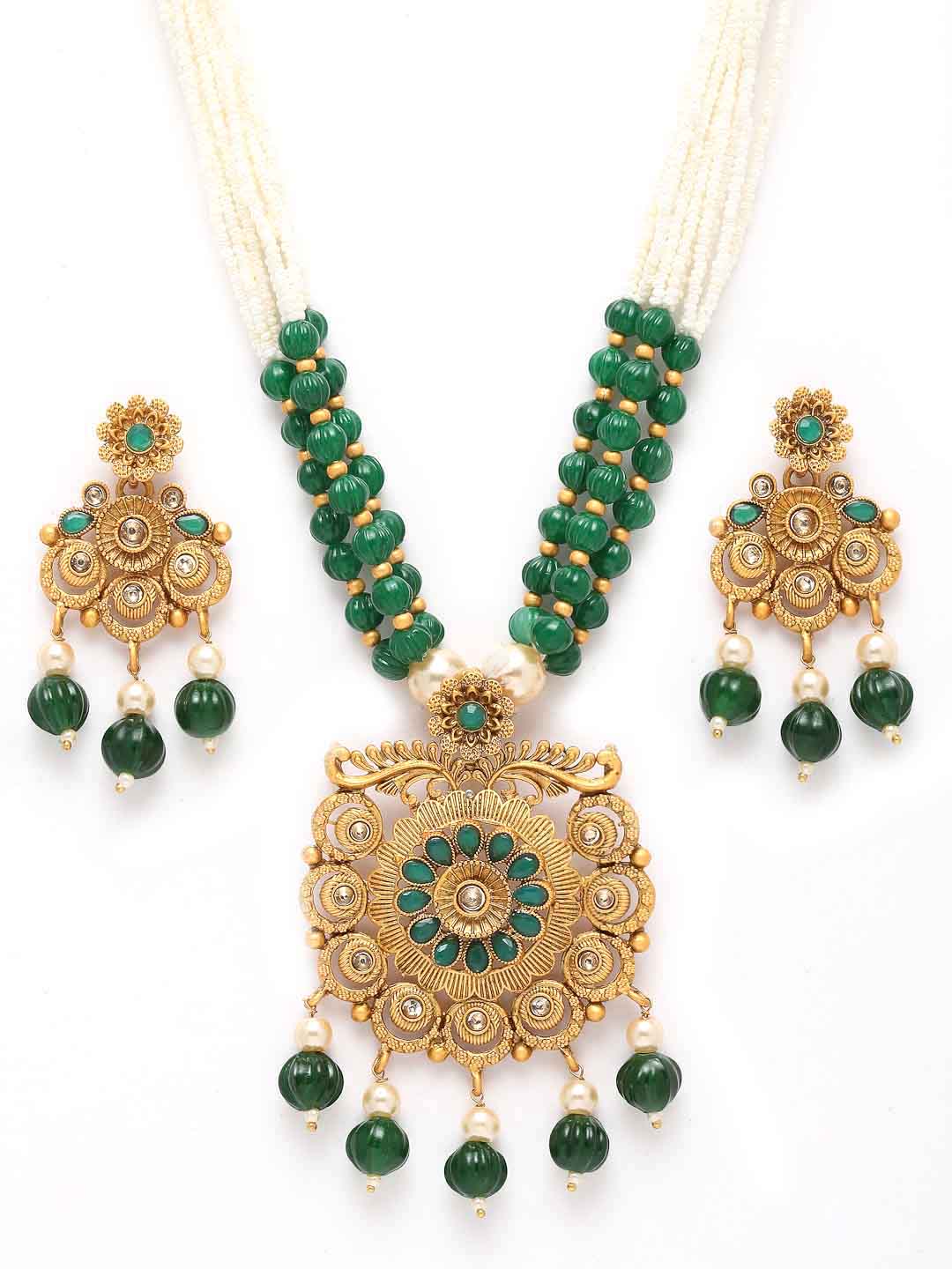 Gold-Plated Green & White Stone-Studded & Pearl-Beaded Jewellery Set