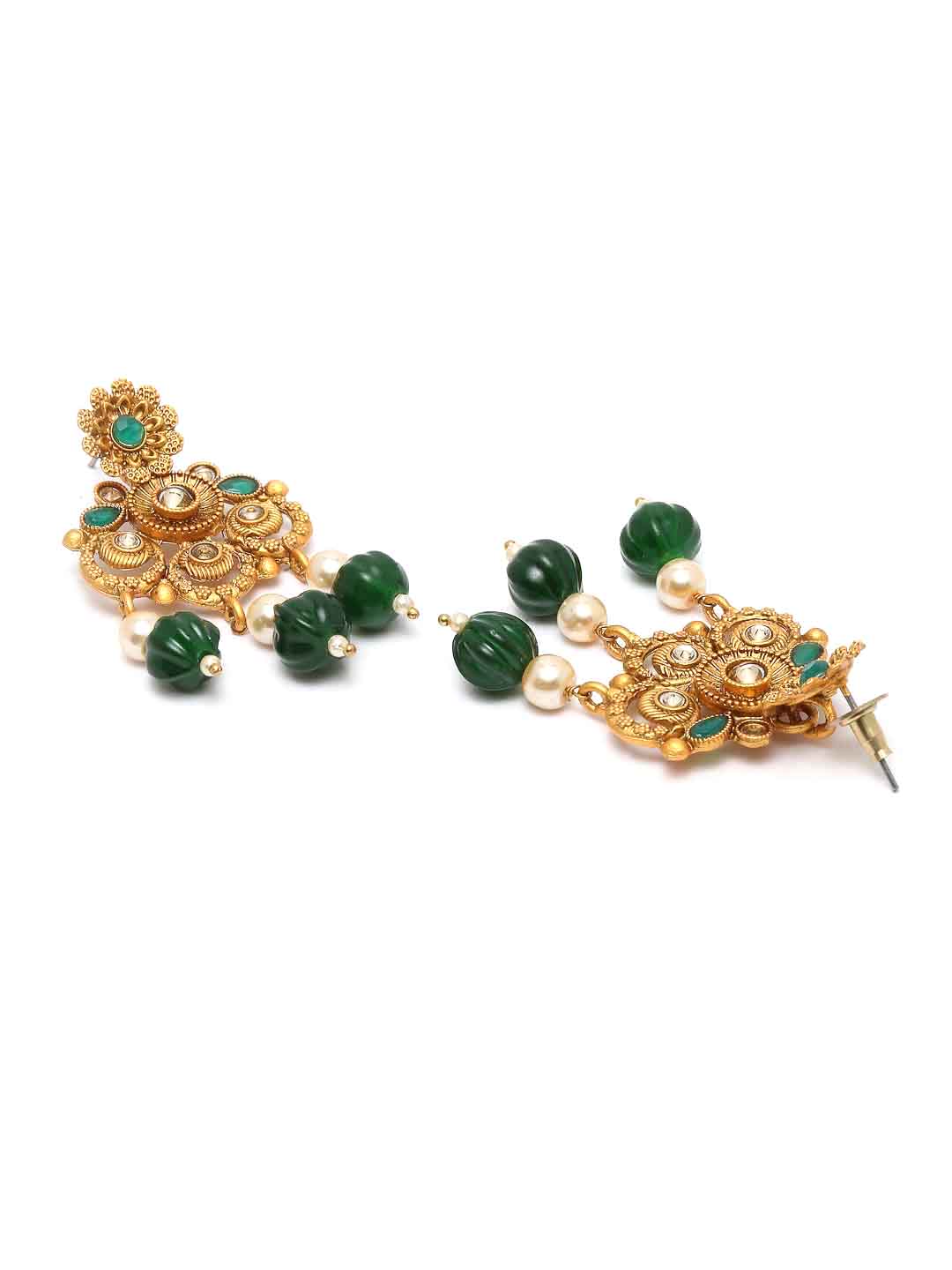 Gold-Plated Green & White Stone-Studded & Pearl-Beaded Jewellery Set